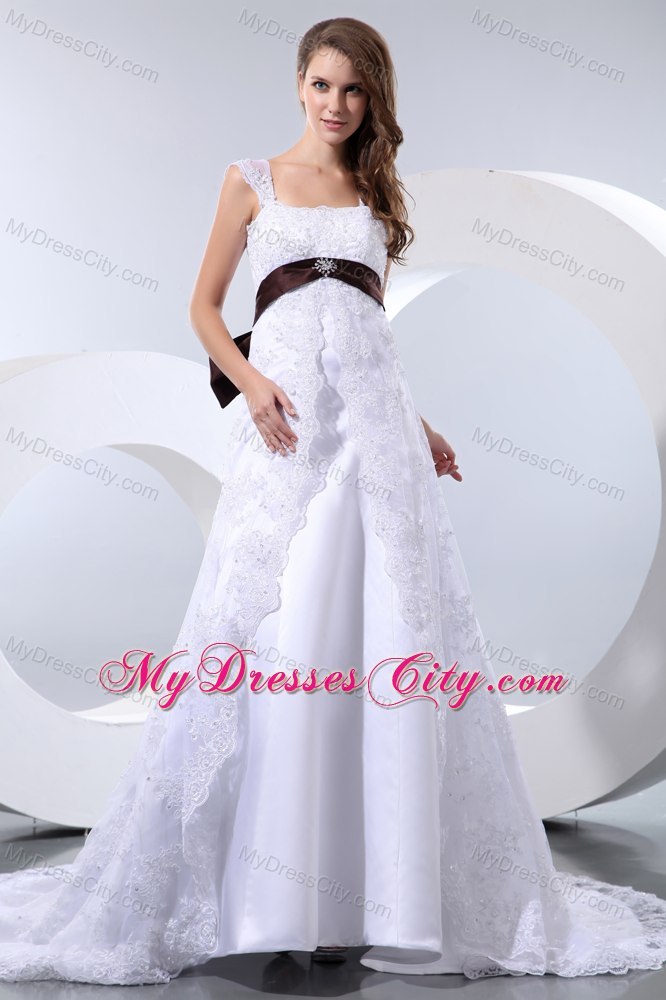 Straps Taffeta and Lace Beading Wedding Dress with Brown Sash