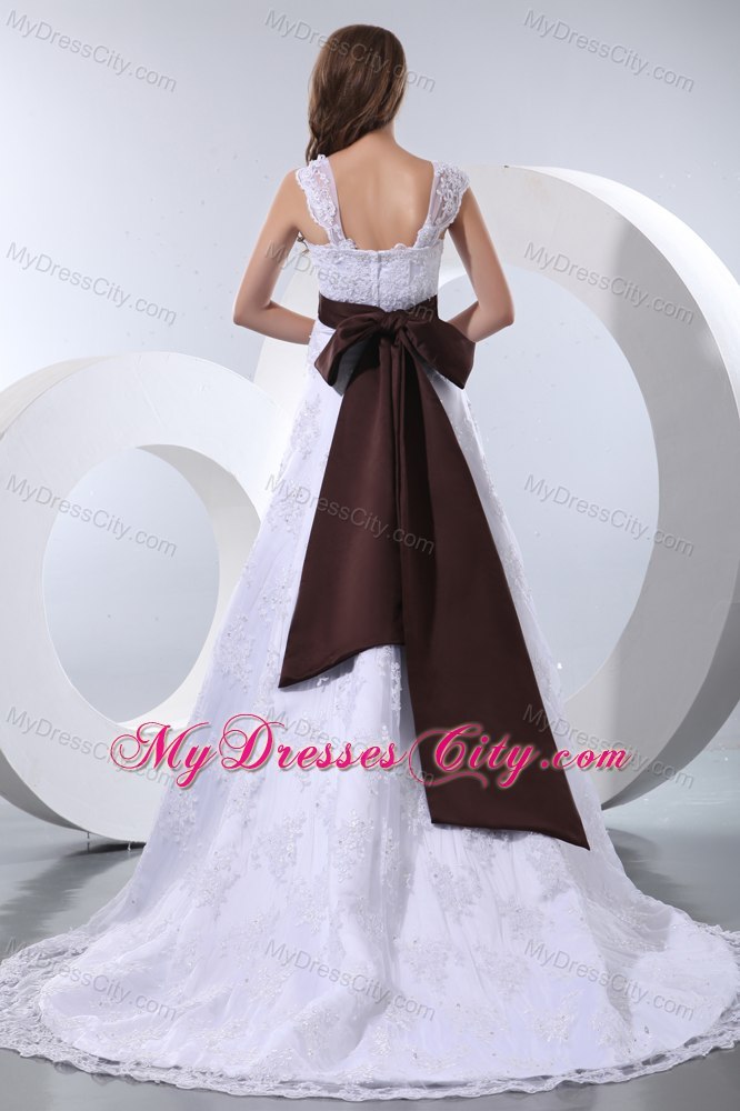 Straps Taffeta and Lace Beading Wedding Dress with Brown Sash