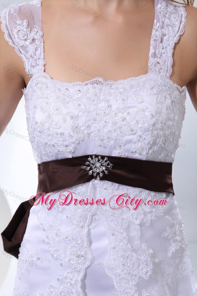 Straps Taffeta and Lace Beading Wedding Dress with Brown Sash