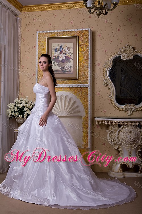 Strapless Court Train Taffeta and Organza Flower Bridal Gowns