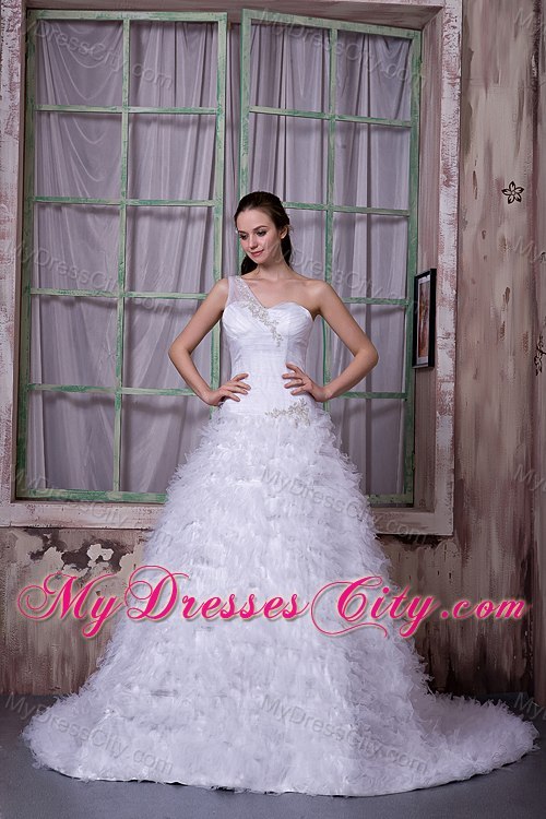 One Shoulder Court Train Tulle Ruffles Layered Wedding Dress