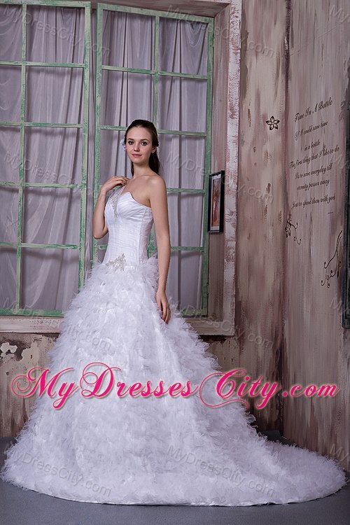 One Shoulder Court Train Tulle Ruffles Layered Wedding Dress