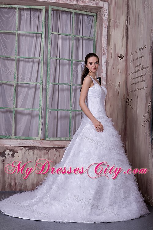 One Shoulder Court Train Tulle Ruffles Layered Wedding Dress