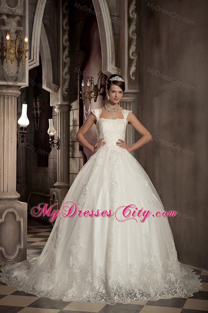 Square Lace Ball Gown Chapel Train Sleeveless Bridal Dresses