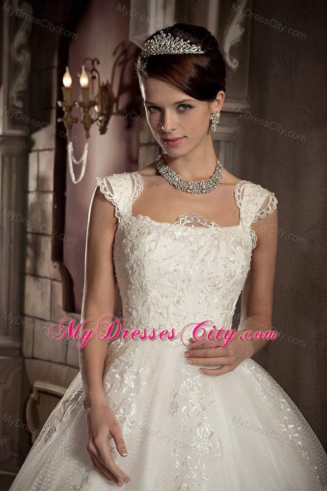 Square Lace Ball Gown Chapel Train Sleeveless Bridal Dresses