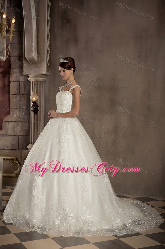 Square Lace Ball Gown Chapel Train Sleeveless Bridal Dresses