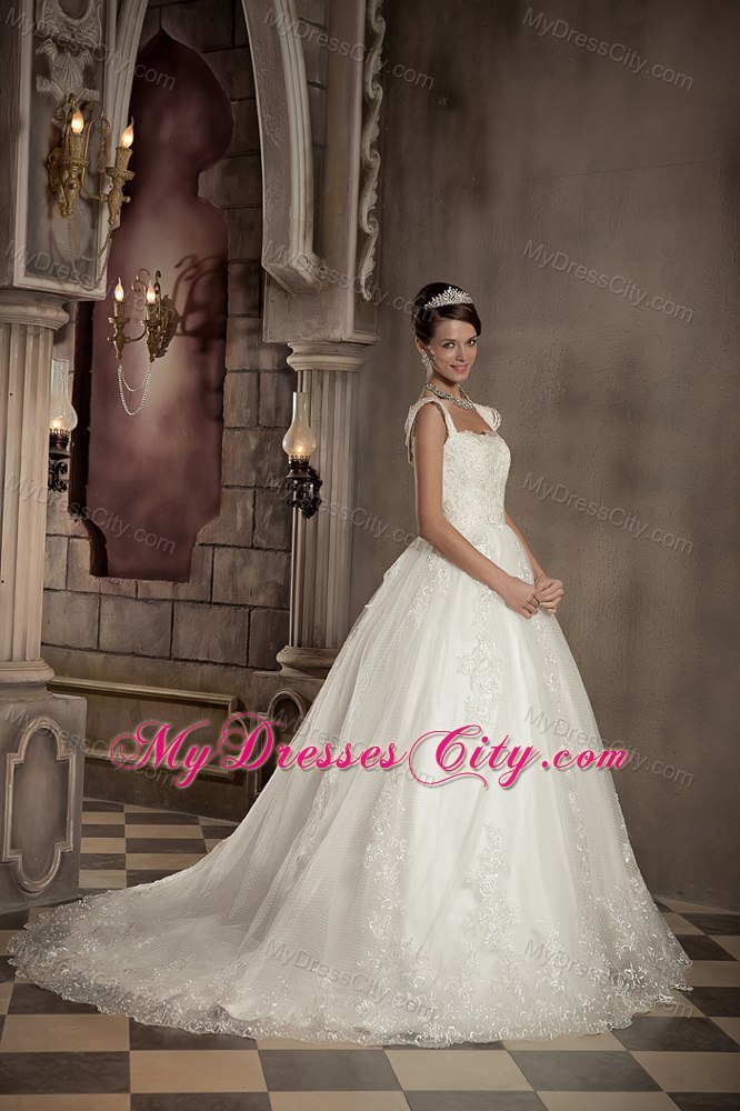 Square Lace Ball Gown Chapel Train Sleeveless Bridal Dresses