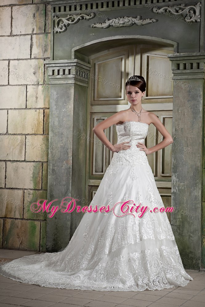 A-line Strapless Chapel Train Lace Dress for Church Wedding