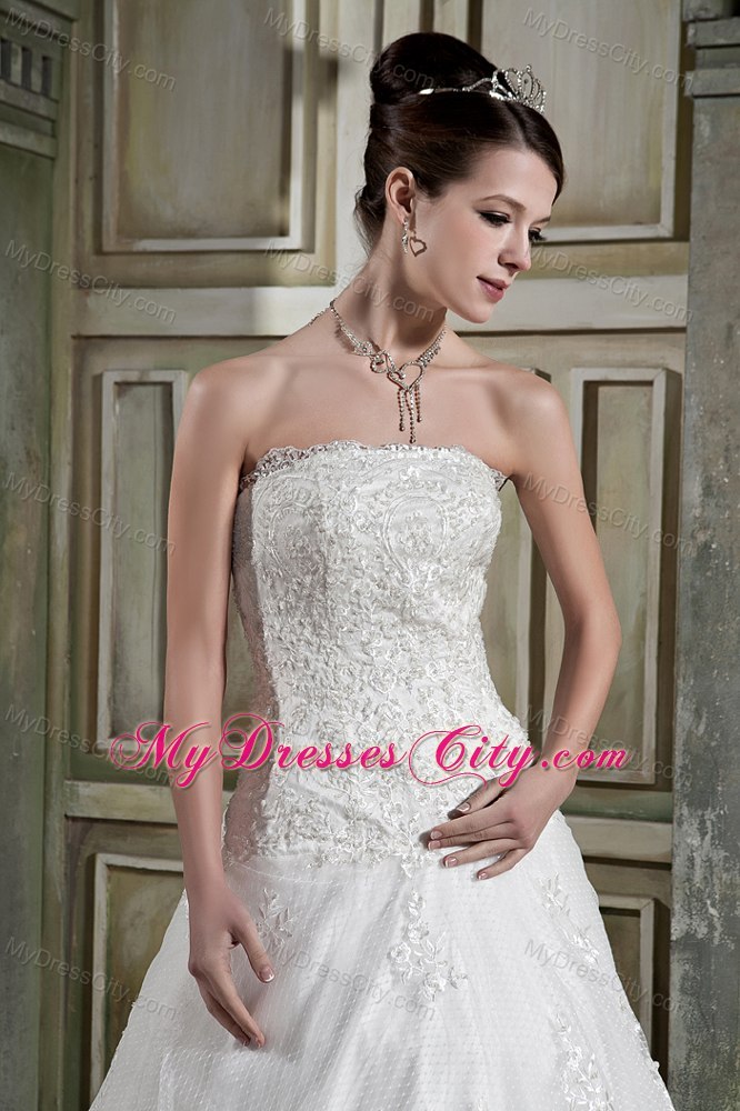 A-line Strapless Chapel Train Lace Dress for Church Wedding