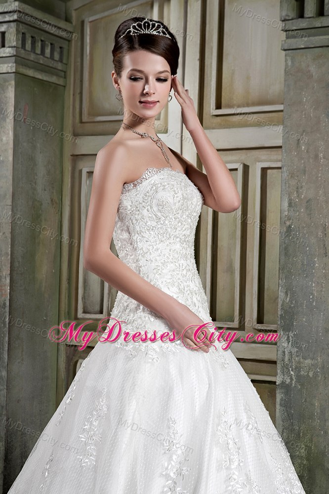 A-line Strapless Chapel Train Lace Dress for Church Wedding