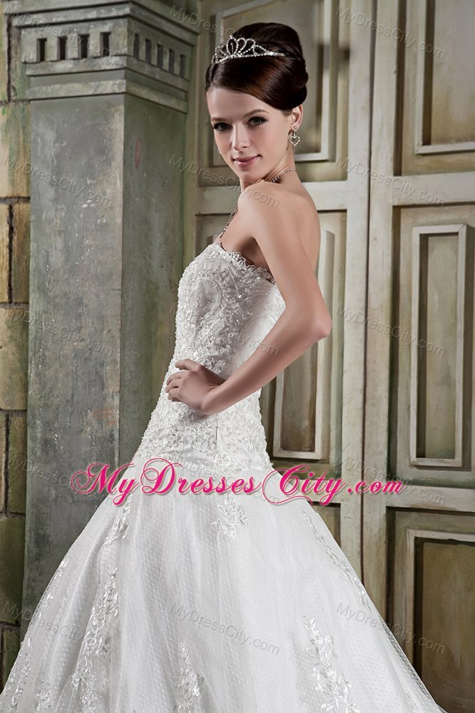 A-line Strapless Chapel Train Lace Dress for Church Wedding