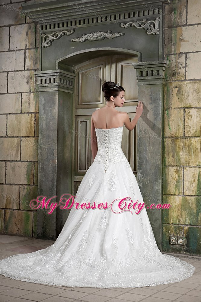 A-line Strapless Chapel Train Lace Dress for Church Wedding