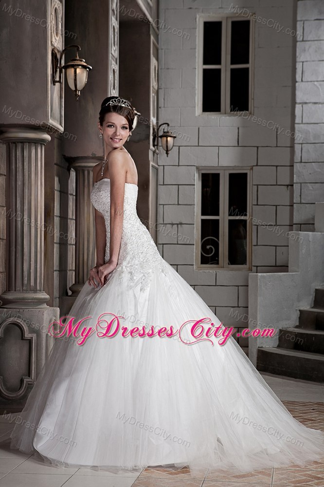 Ball Gown Tulle Lace with Beading Wedding Dress with Court Train