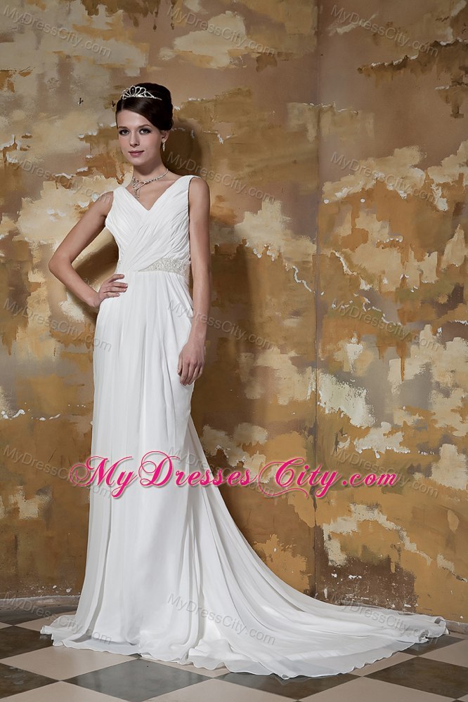 Court Train Beaded Waist Ruching V-neck Chiffon Beach Wedding Dresses