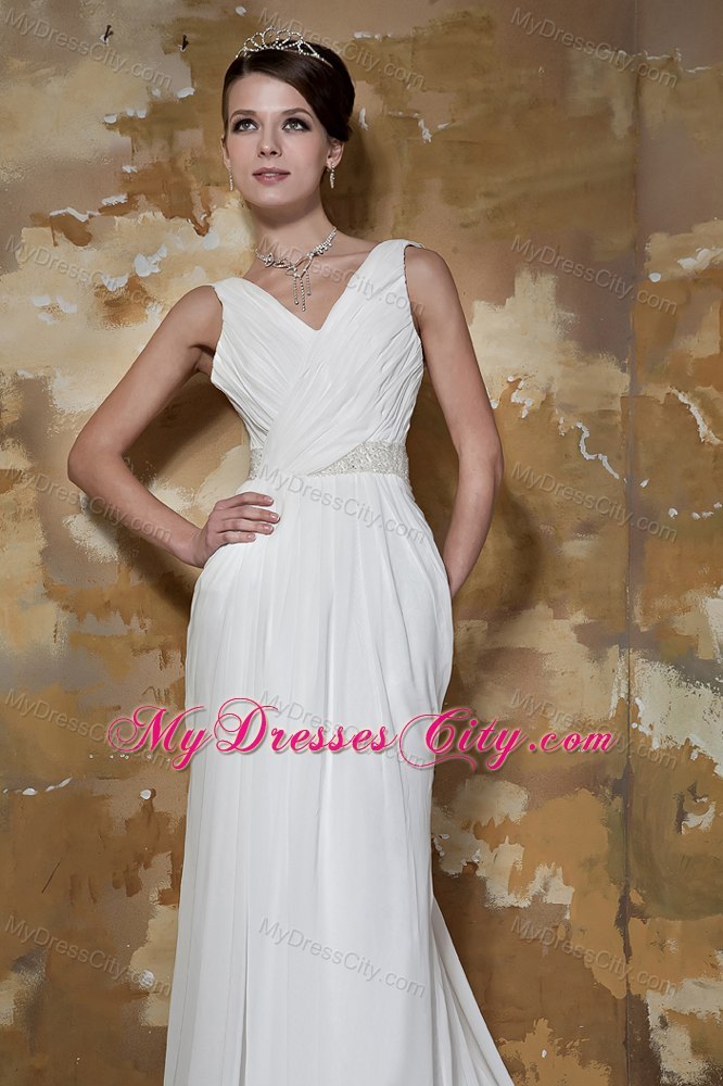 Court Train Beaded Waist Ruching V-neck Chiffon Beach Wedding Dresses