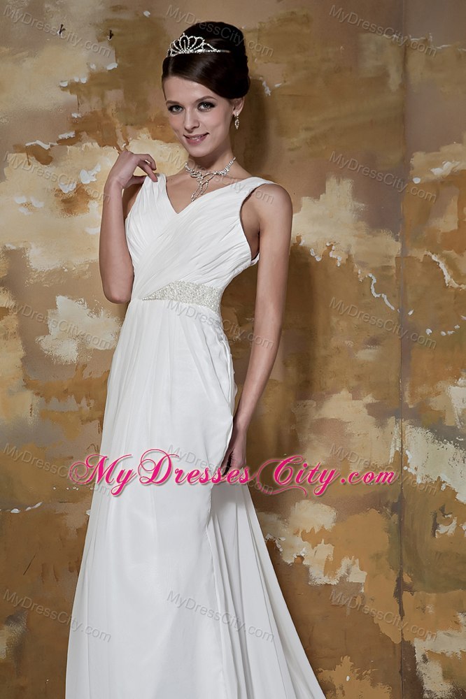 Court Train Beaded Waist Ruching V-neck Chiffon Beach Wedding Dresses