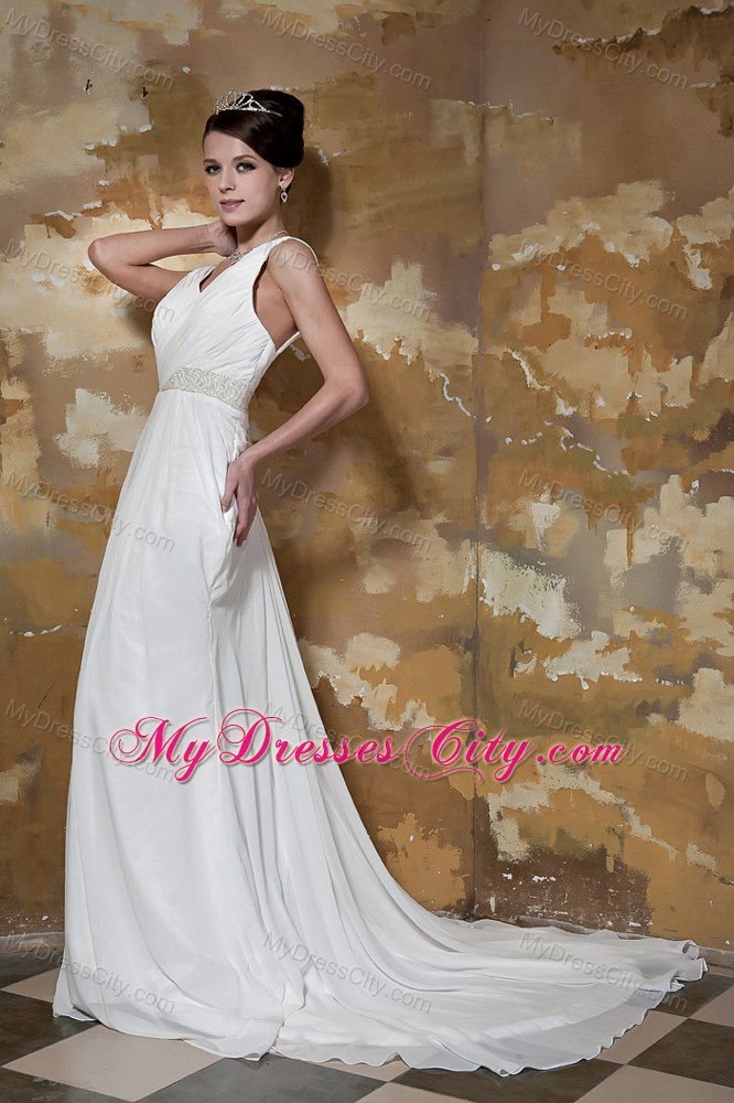 Court Train Beaded Waist Ruching V-neck Chiffon Beach Wedding Dresses