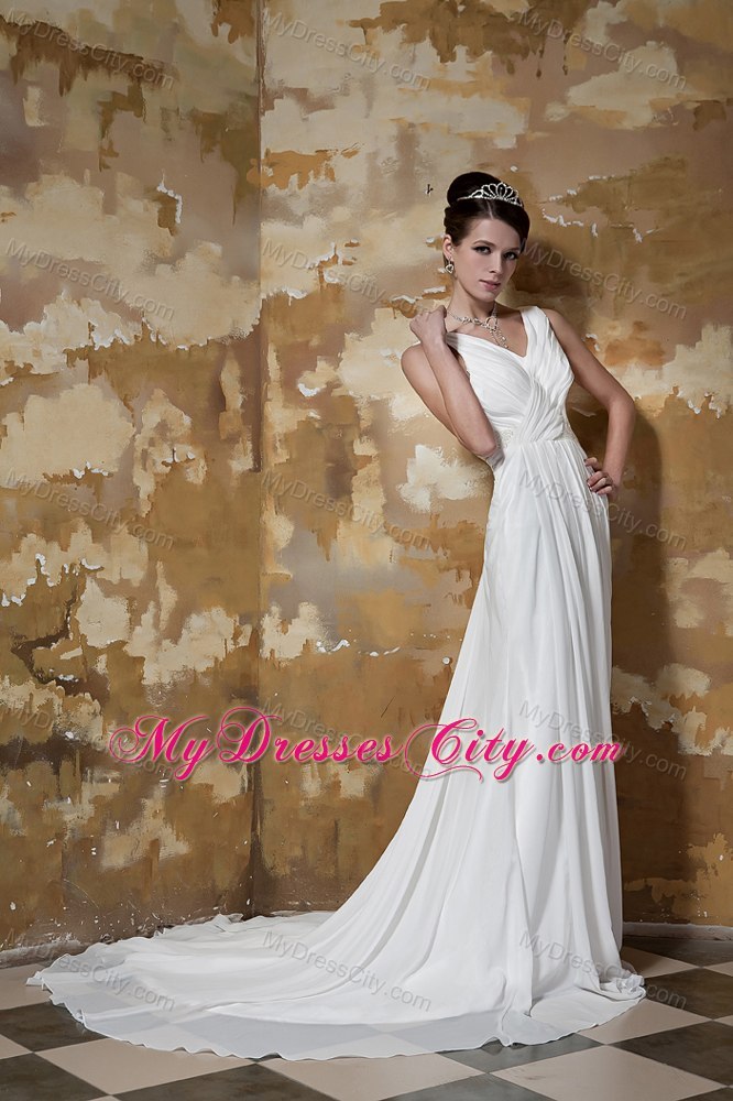 Court Train Beaded Waist Ruching V-neck Chiffon Beach Wedding Dresses