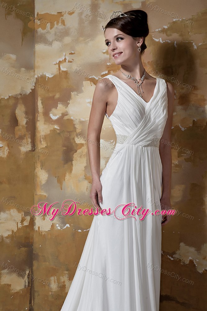 Court Train Beaded Waist Ruching V-neck Chiffon Beach Wedding Dresses