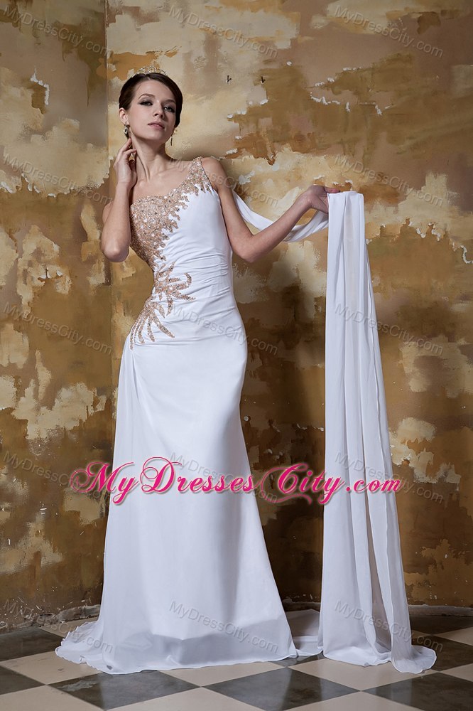 One Shoulder Watteau Train Appliques with Beading for Chiffon Wedding Dress