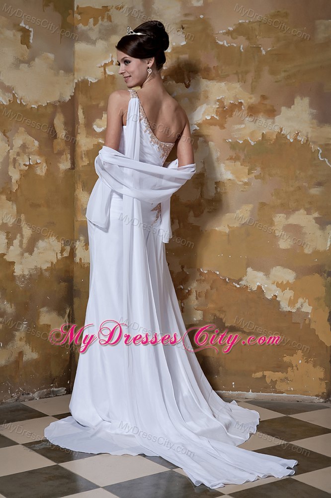 One Shoulder Watteau Train Appliques with Beading for Chiffon Wedding Dress