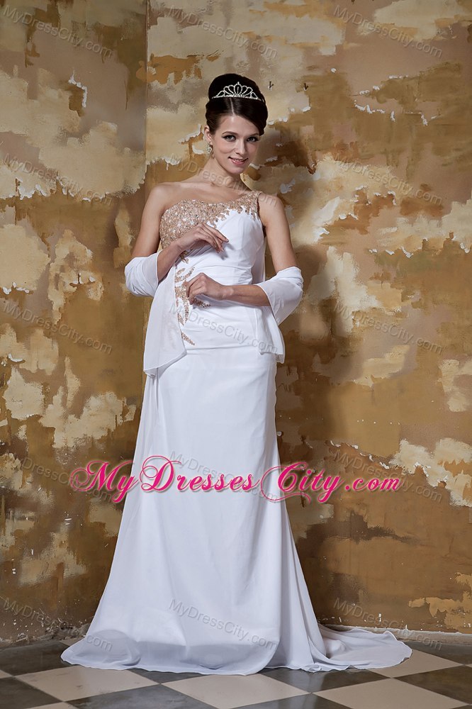 One Shoulder Watteau Train Appliques with Beading for Chiffon Wedding Dress