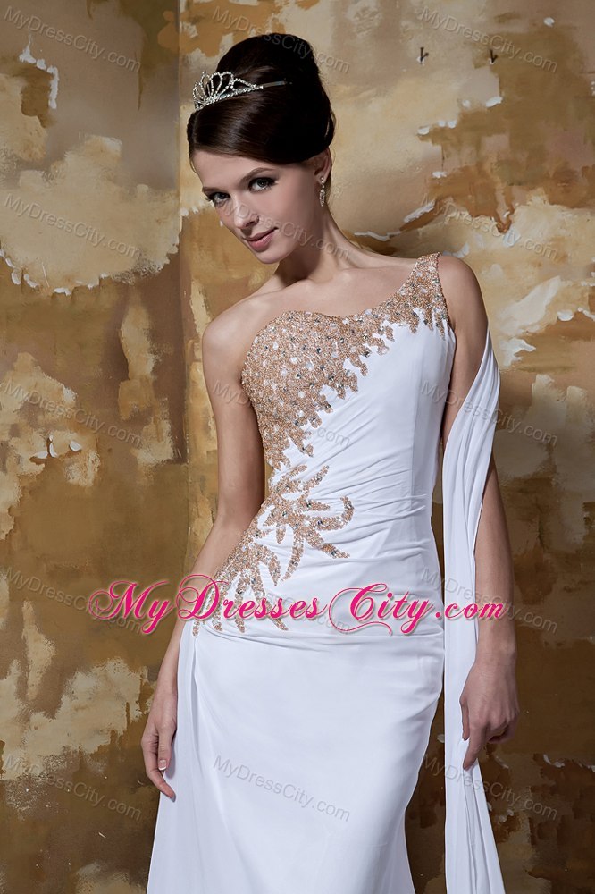 One Shoulder Watteau Train Appliques with Beading for Chiffon Wedding Dress