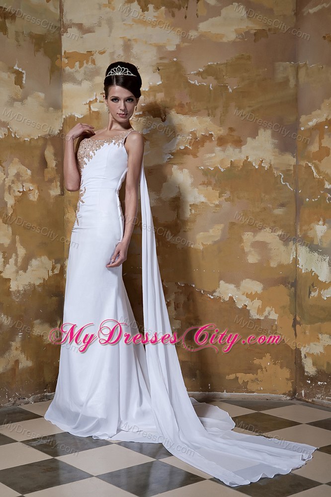 One Shoulder Watteau Train Appliques with Beading for Chiffon Wedding Dress