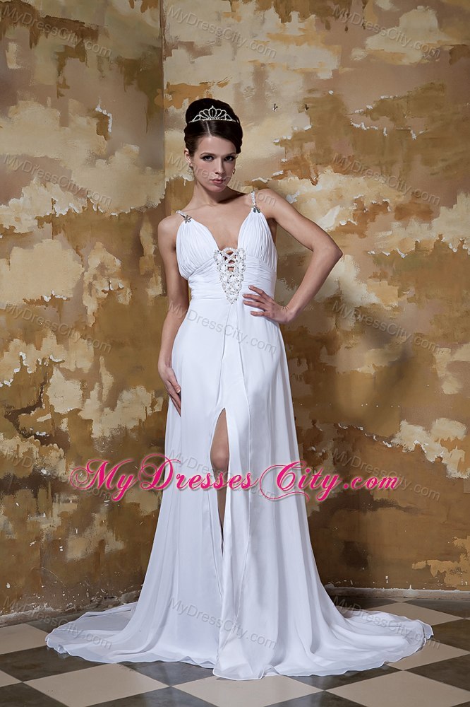 Sexy High Slit Beaded Ruching Court Train Wedding Anniversary Dress