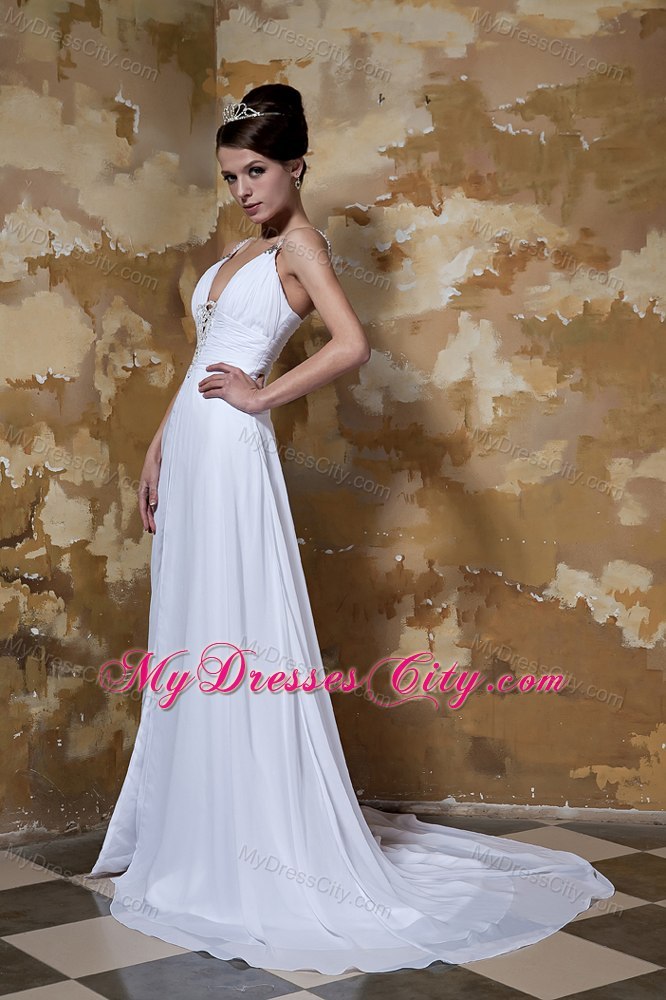 Sexy High Slit Beaded Ruching Court Train Wedding Anniversary Dress