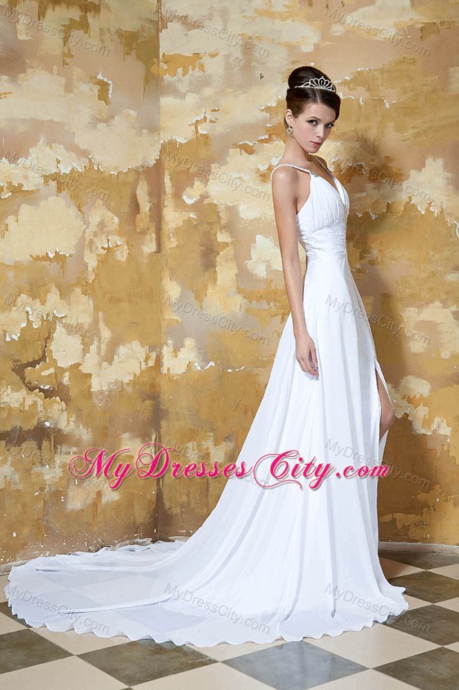 Sexy High Slit Beaded Ruching Court Train Wedding Anniversary Dress