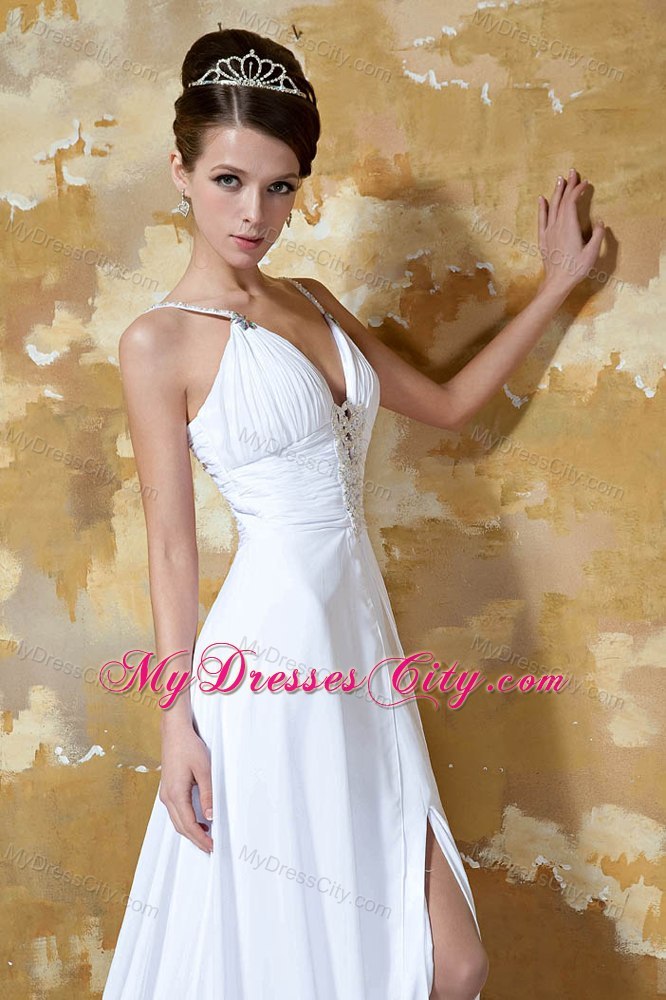 Sexy High Slit Beaded Ruching Court Train Wedding Anniversary Dress