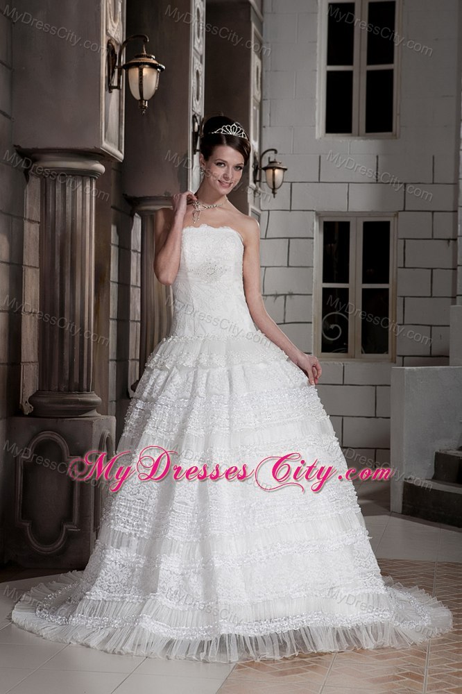 Popular Lace Strapless Brush Train Ball Gown Wedding Bridal Gown