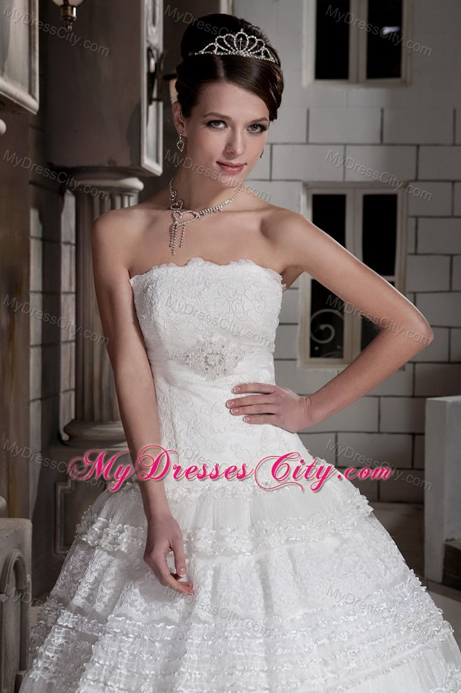 Popular Lace Strapless Brush Train Ball Gown Wedding Bridal Gown