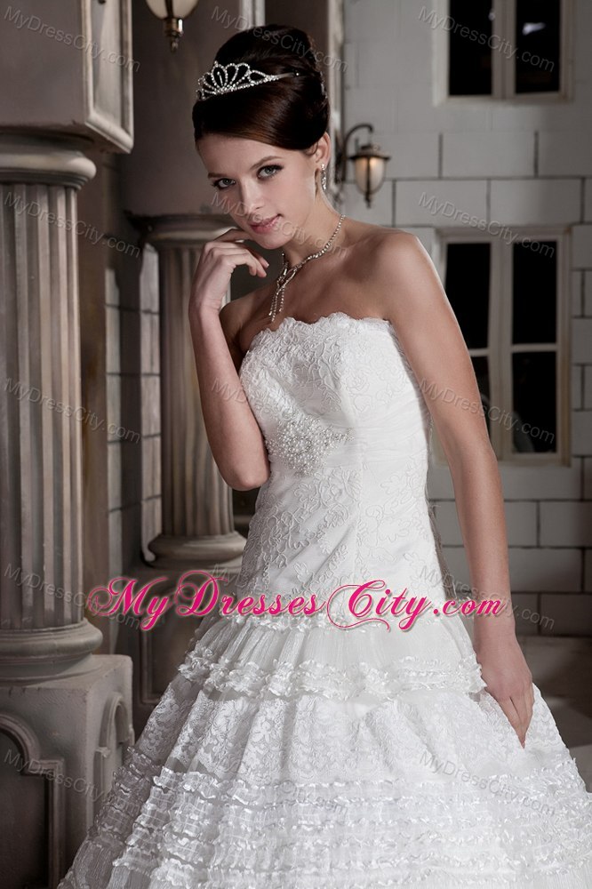 Popular Lace Strapless Brush Train Ball Gown Wedding Bridal Gown