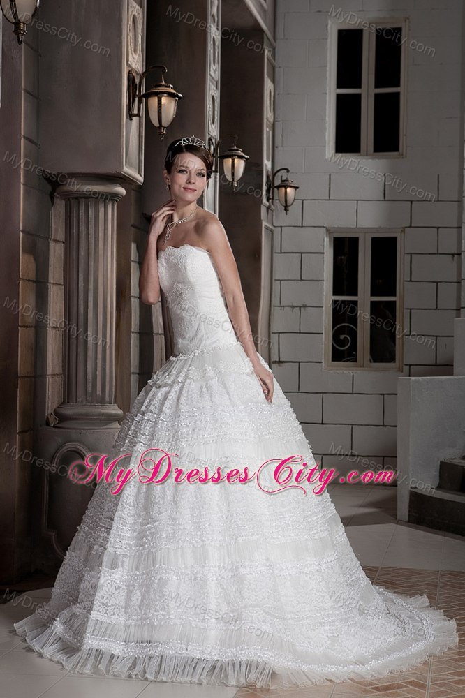 Popular Lace Strapless Brush Train Ball Gown Wedding Bridal Gown