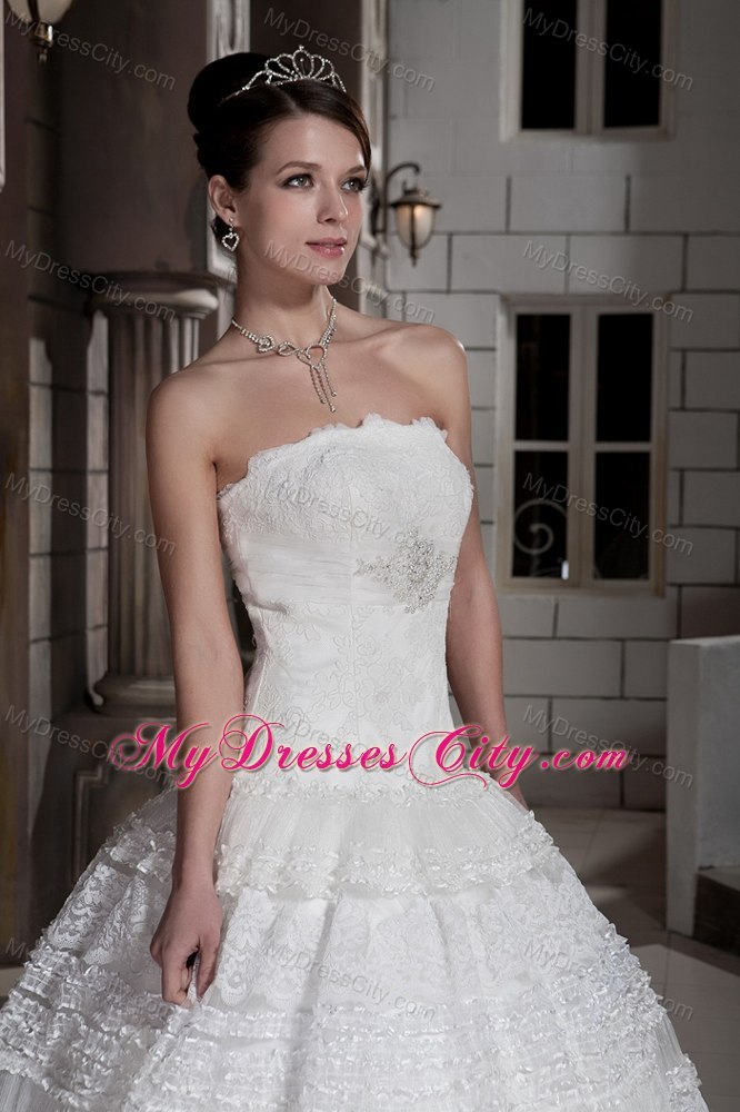 Popular Lace Strapless Brush Train Ball Gown Wedding Bridal Gown