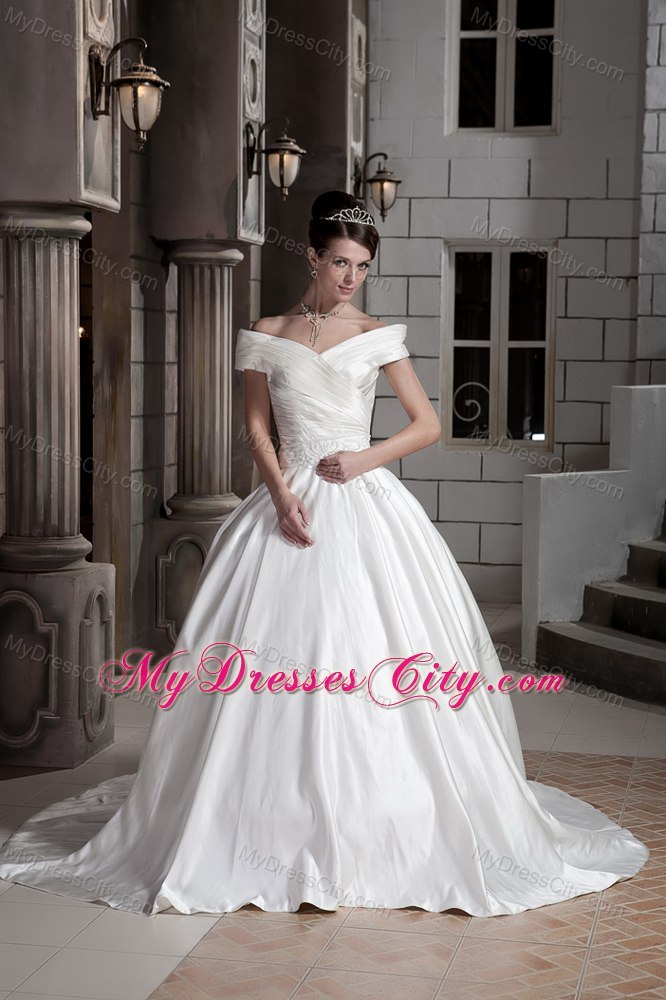 Off The Shoulder Ruching Court Train Wedding Bridal Gowns with Clasp Handle