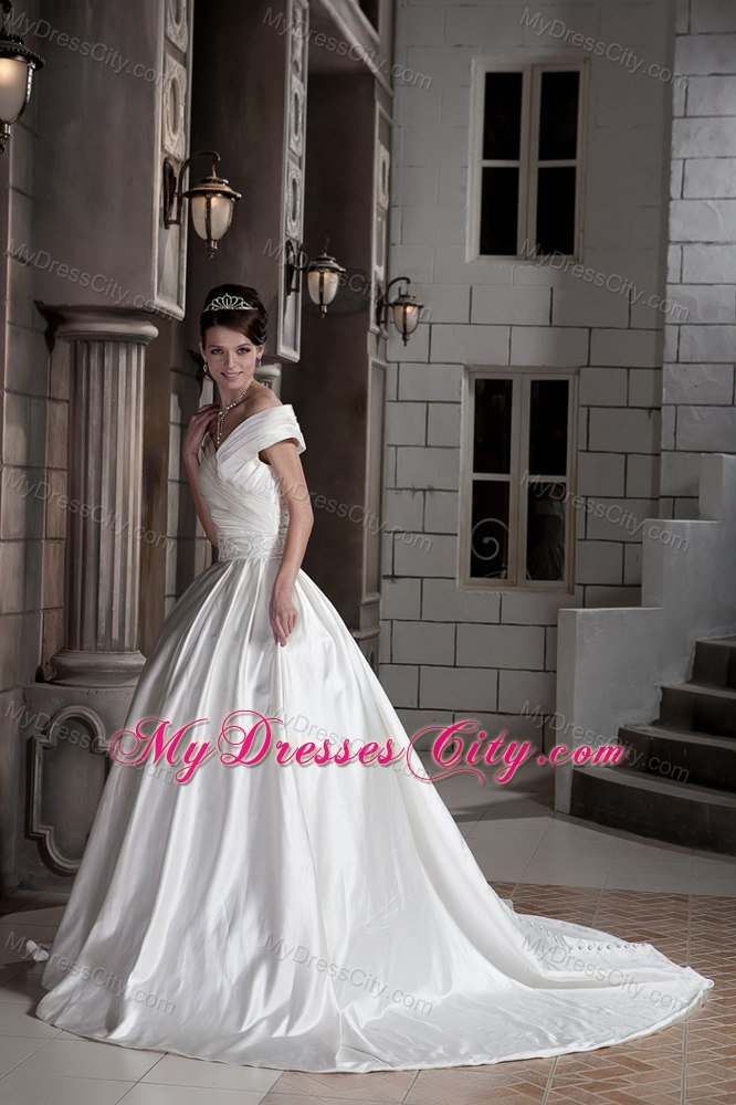 Off The Shoulder Ruching Court Train Wedding Bridal Gowns with Clasp Handle