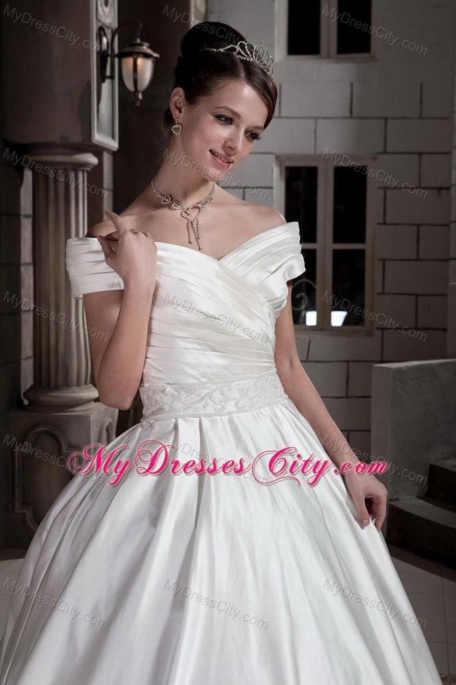 Off The Shoulder Ruching Court Train Wedding Bridal Gowns with Clasp Handle