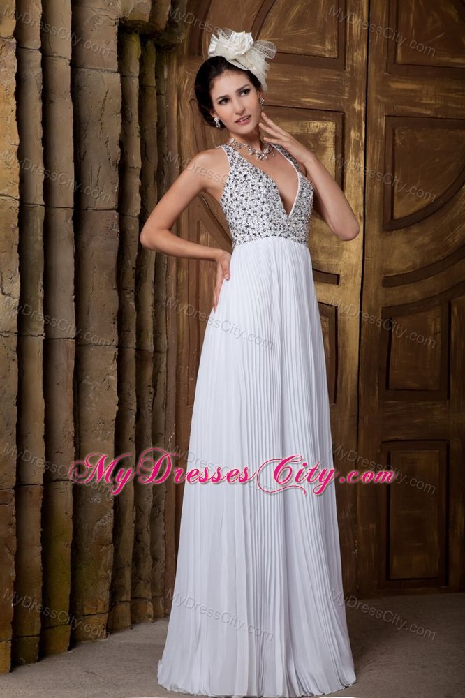 Sexy V-neck Beaded Pleats Chiffon Beach Wedding Dresses with Criss Cross