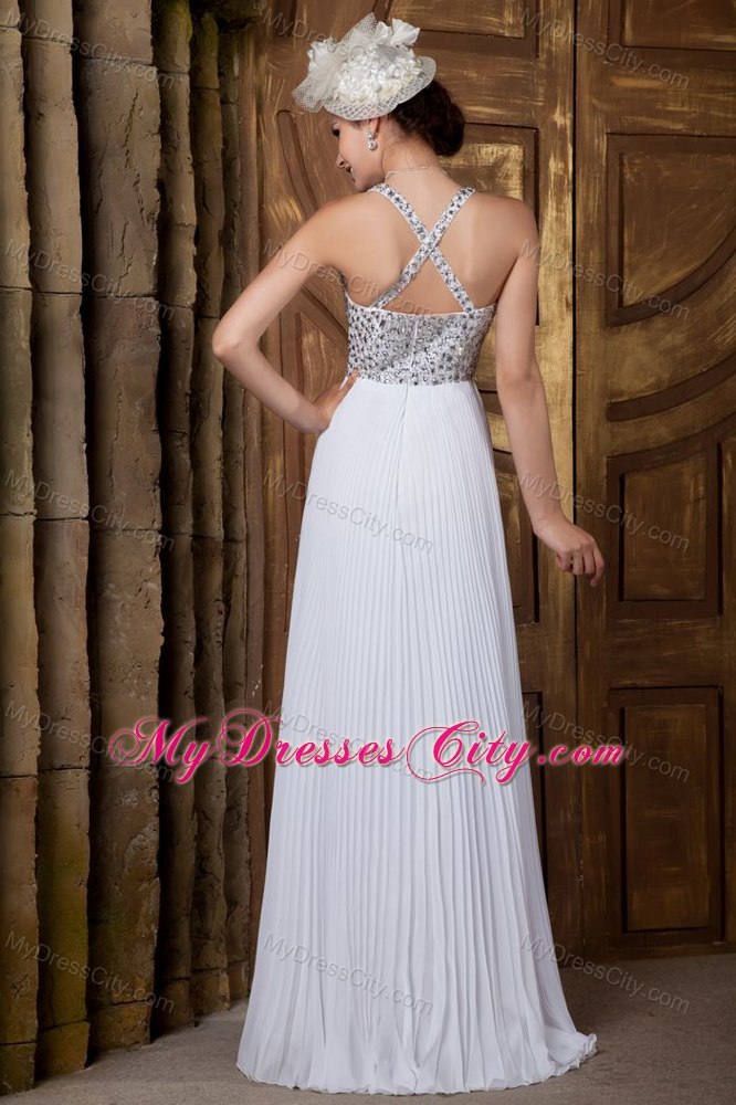 Sexy V-neck Beaded Pleats Chiffon Beach Wedding Dresses with Criss Cross