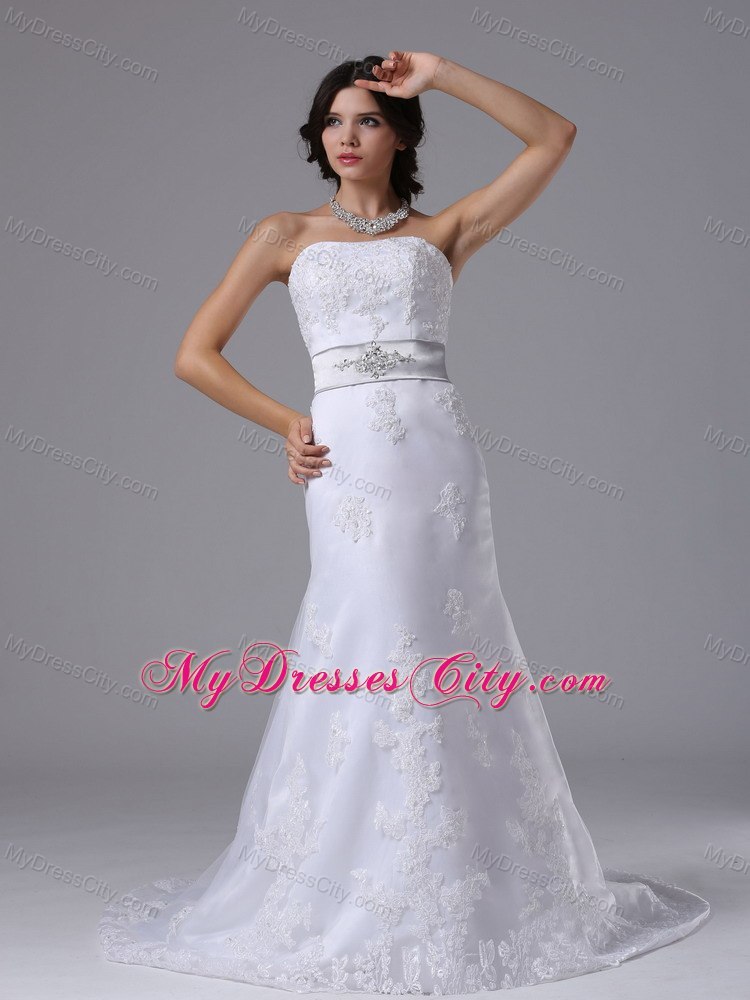 Lace Brush Train Column Strapless Bridal Dress with Silver Beaded Belt