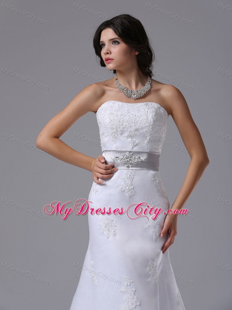 Lace Brush Train Column Strapless Bridal Dress with Silver Beaded Belt