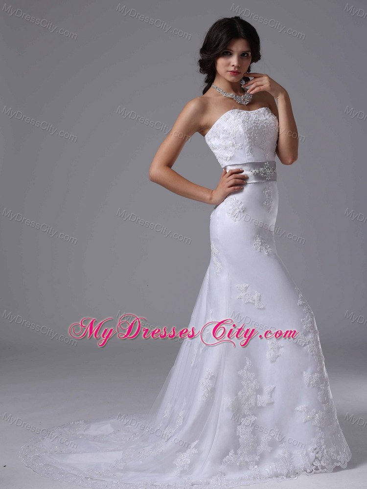 Lace Brush Train Column Strapless Bridal Dress with Silver Beaded Belt