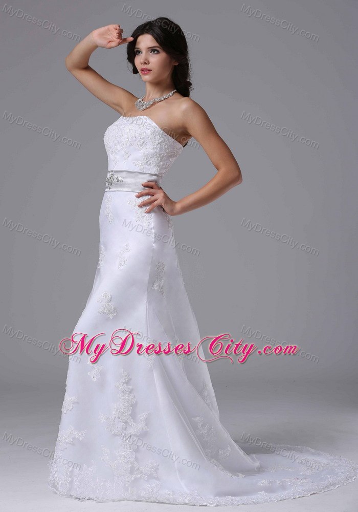 Lace Brush Train Column Strapless Bridal Dress with Silver Beaded Belt