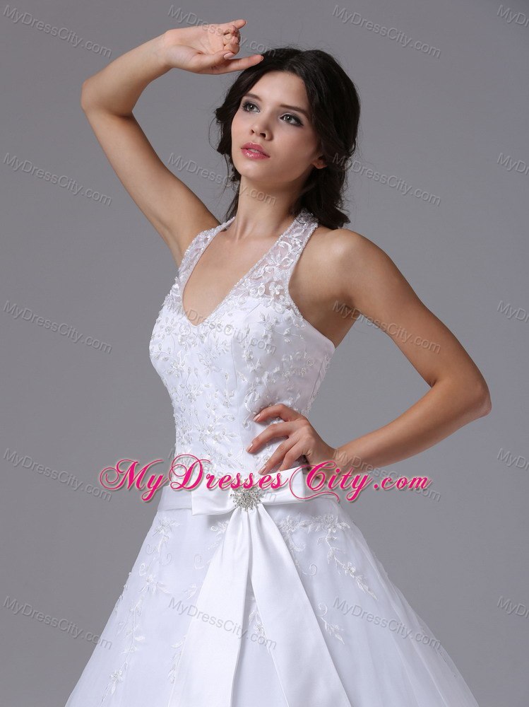 Halter Top Lace Court Train Wedding Gowns with Brooch Bowknot Sash