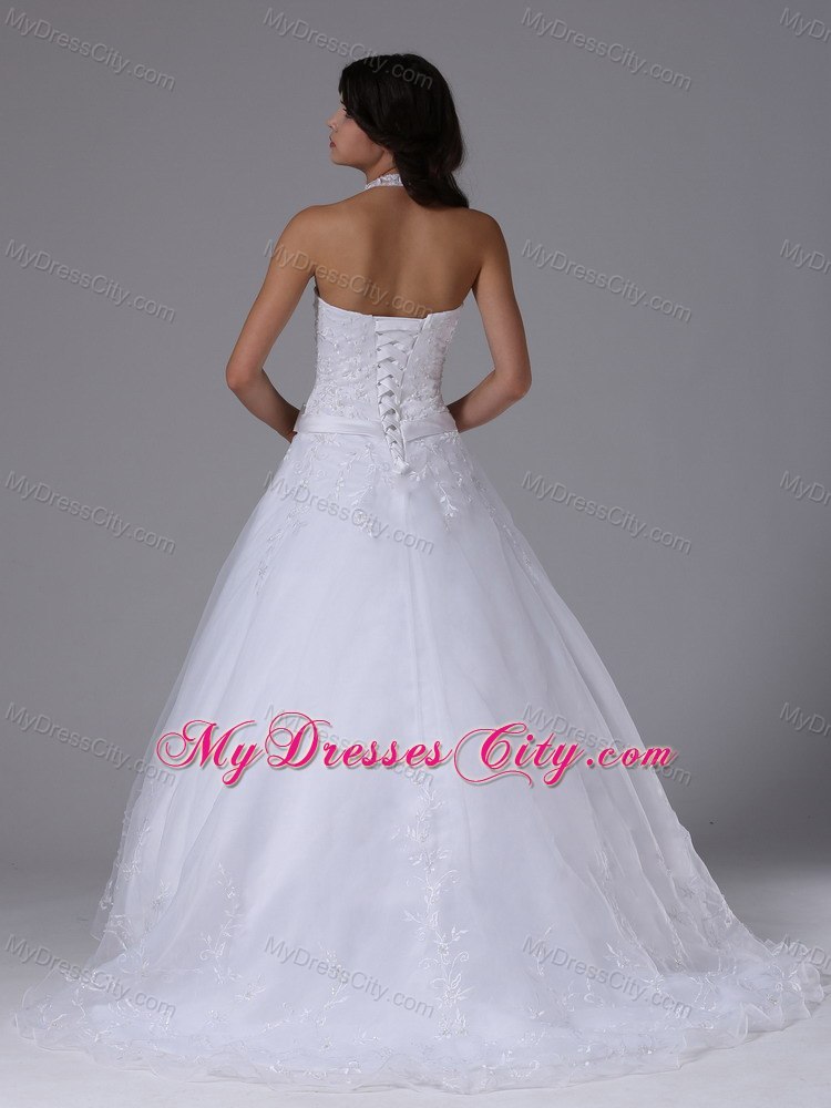 Halter Top Lace Court Train Wedding Gowns with Brooch Bowknot Sash