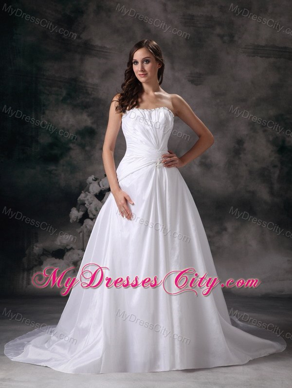 Popular Ruching Strapless Beaded Court Train Wedding Bridal Dresses