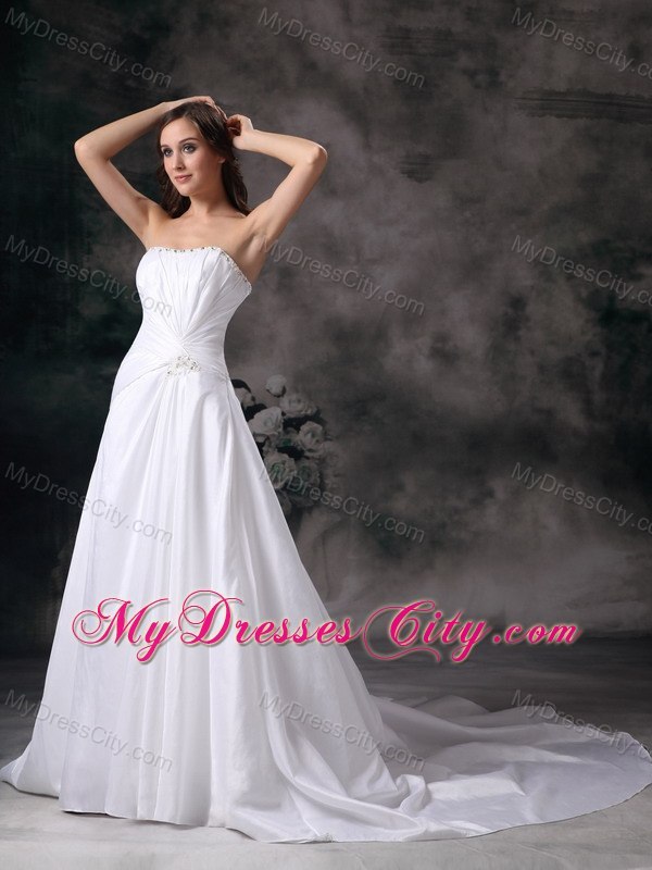 Popular Ruching Strapless Beaded Court Train Wedding Bridal Dresses